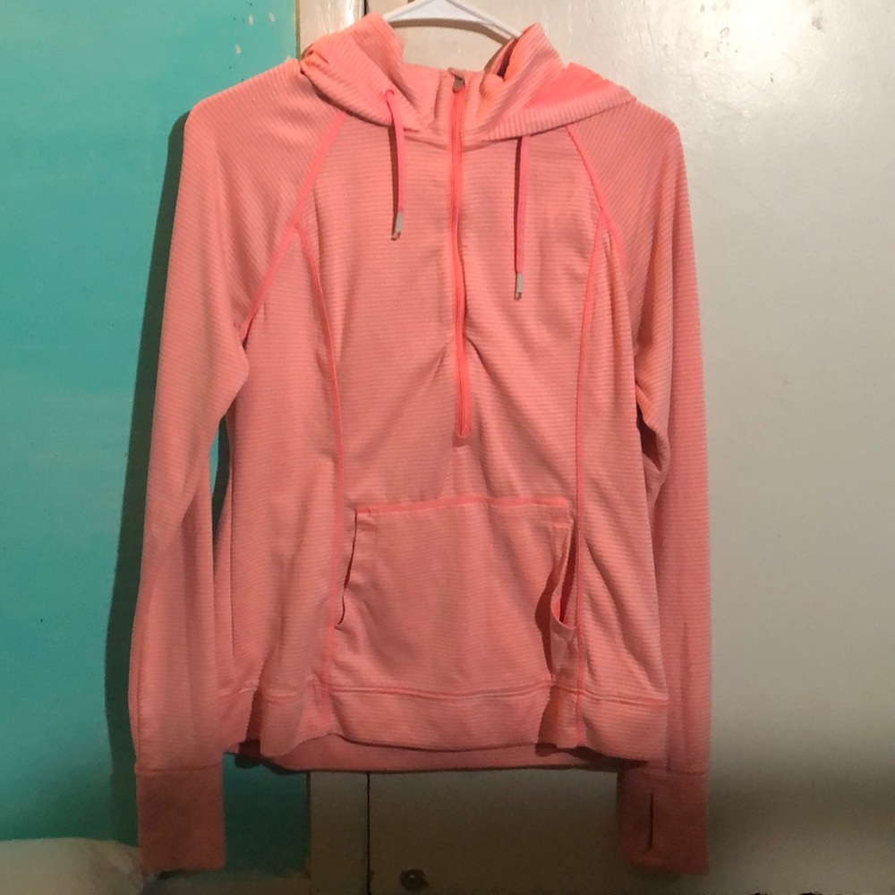 hooded pink and white striped half zip up